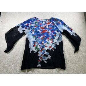 Casual Studio Womens L Sheer Blak Blue Floral Fairycore Whimy Bloomcore Blouse